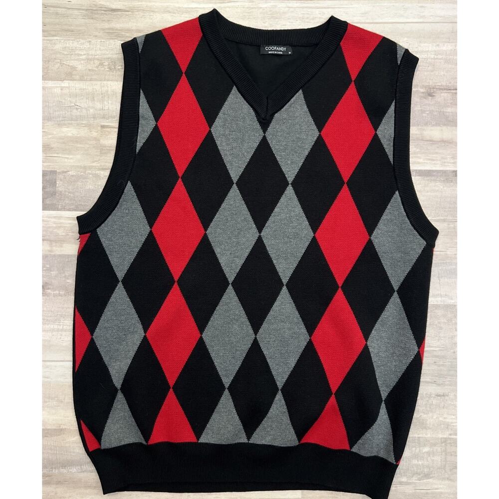 Coofandy‎ Mens MED Red Black Vest Sleeveless Argyle Pattern Deck Of Cards V-neck